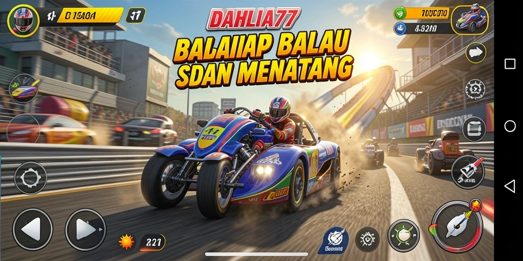 Screenshot gameplay DAHLIA77 menampilkan aksi balap yang mendebarkan.