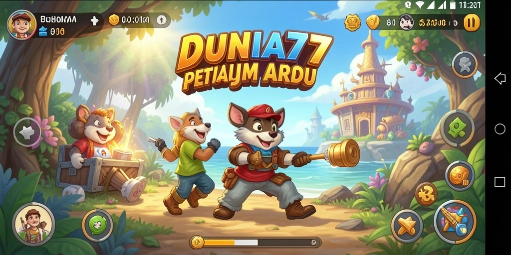 Tampilan gameplay DUNIA77 yang penuh warna dan seru.