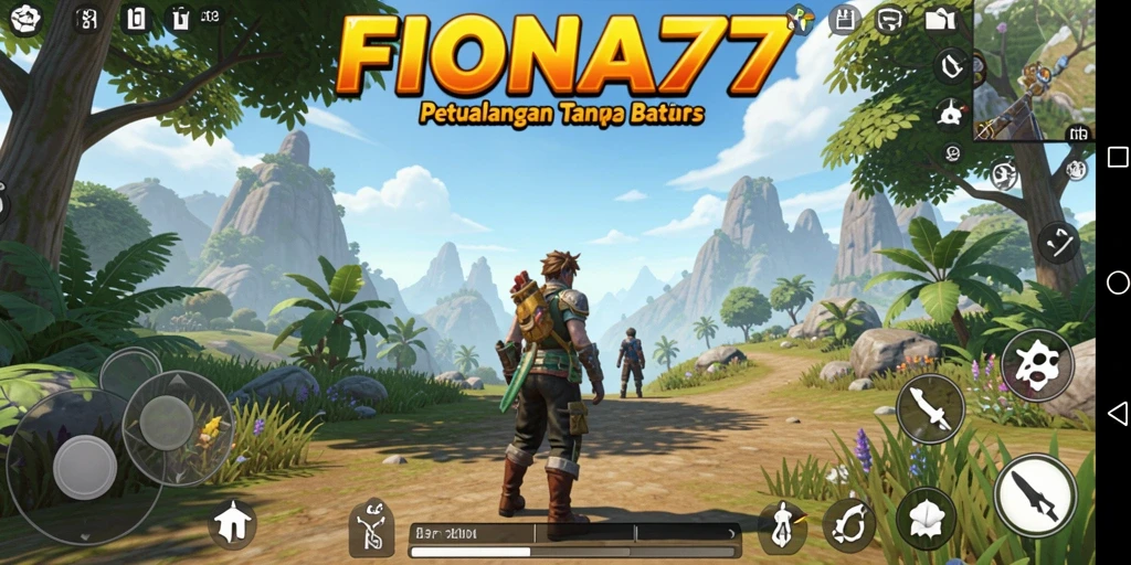 Tampilan gameplay FIONA77 menampilkan eksplorasi dunia terbuka yang luas.