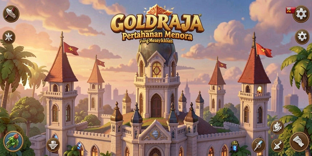 Tangkapan layar gameplay GOLDRAJA dengan aksi menara yang intens.