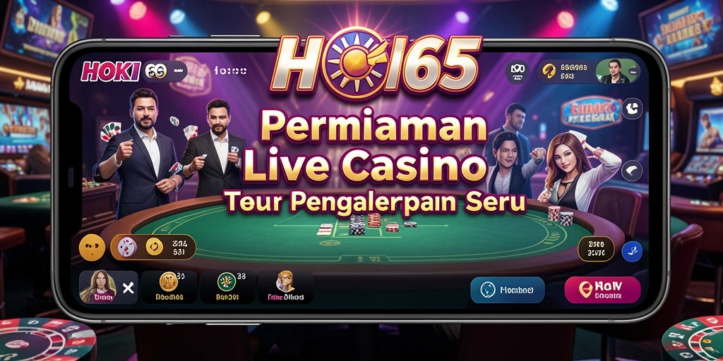 Tampilan permainan HOKI65 dengan dealer langsung dan berbagai meja kasino.