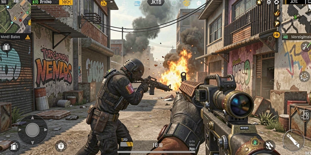 Gameplay menegangkan di JKT8 dengan aksi tembak menembak.