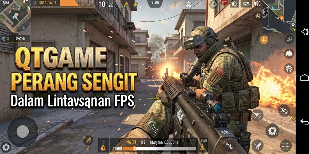 Tampilan screenshot QTGAME menunjukkan aksi menembak yang intens dalam game FPS.