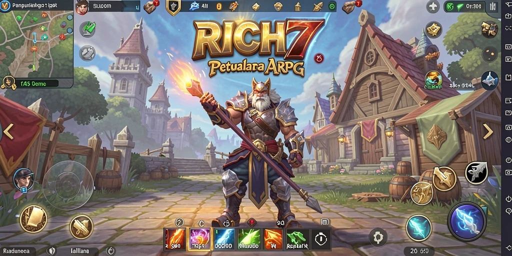 Tangkapan layar utama gameplay RICH7 menampilkan pertarungan epik.