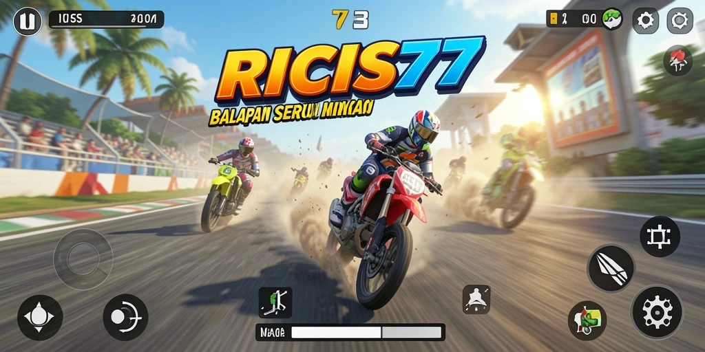 Tampilan gameplay menegangkan di RICIS77 dengan kendaraan balap yang cepat.