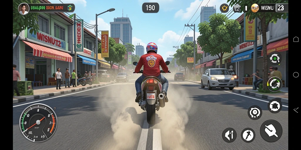 Screenshot gameplay WISNU123 yang menampilkan aksi balapan motor.